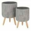 Übertopf auf Holzbeinen, 2er Set | Hellgrau/ holzfarben