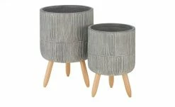 Übertopf auf Holzbeinen, 2er Set | Hellgrau/ holzfarben