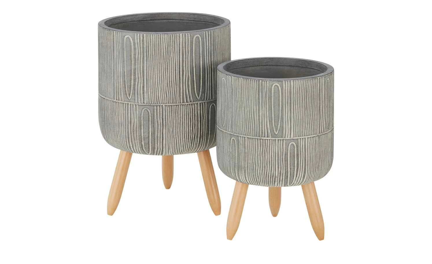 Übertopf auf Holzbeinen, 2er Set | Hellgrau/ holzfarben 1 Übertopf auf Holzbeinen, 2er Set | Hellgrau/ holzfarben