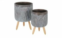 Übertopf auf Holzbeinen, 2er Set | Braun/ Grau/ holzfarben